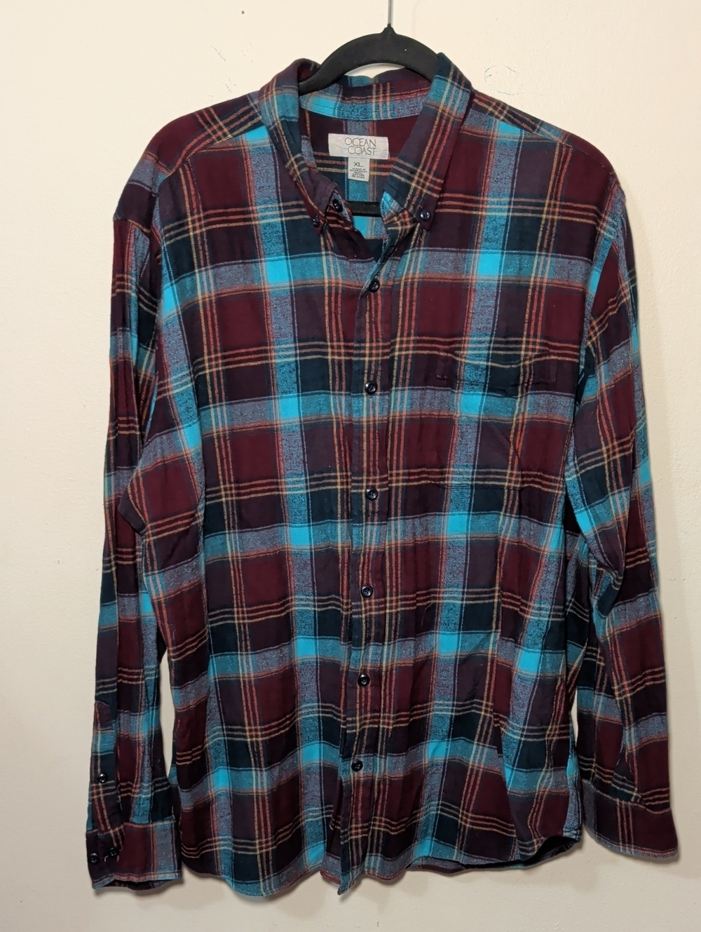 Ocean + Coast Plaid Flannel Button Down Maroon Blue Orange Cotton Men's Size XL